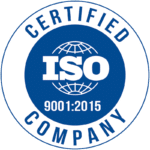 A round blue and white badge with the text "Certified Company" around the edge. In the center, "ISO" is prominently displayed atop a globe design, with "9001:2015" below it.