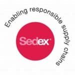 Logo of Sedex, featuring a red circle with the word "Sedex" in white. Surrounding the circle, black text reads, "Enabling responsible supply chains.