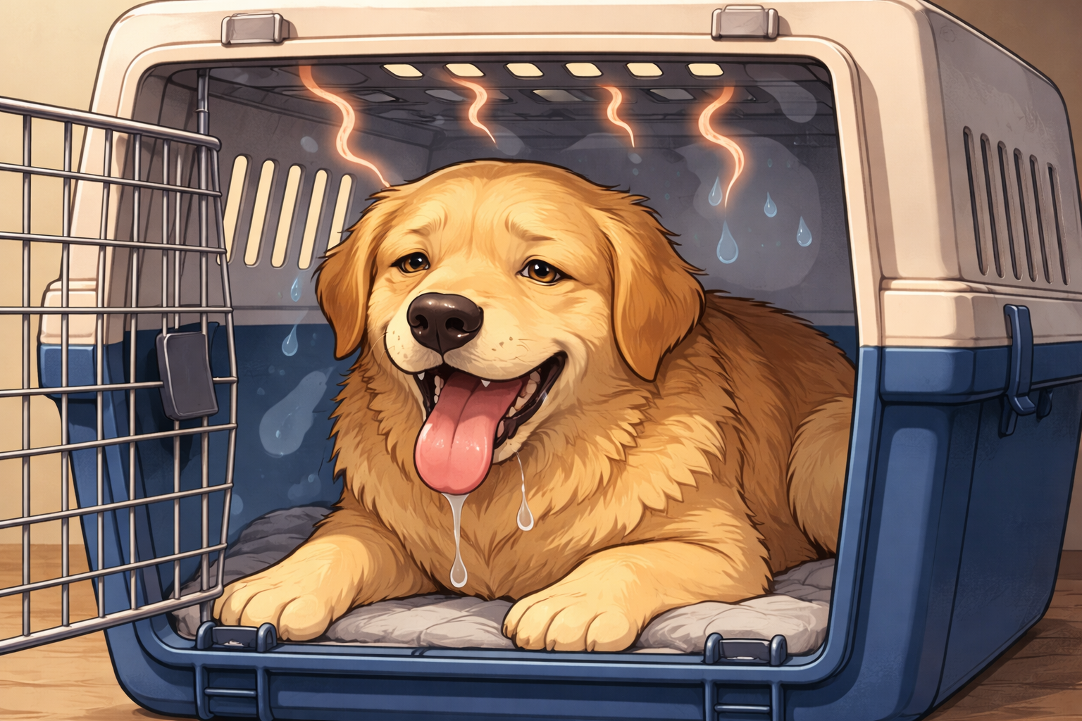 Dog panting heavily inside a plastic crate with poor ventilation, showing signs of overheating and distress
