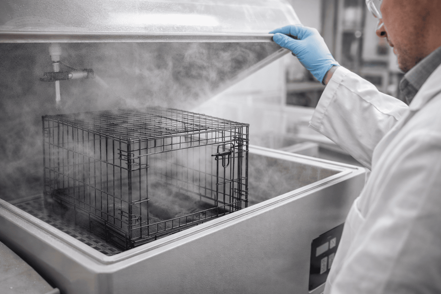 Inspector checking weld points and coating thickness on a wire dog crate
