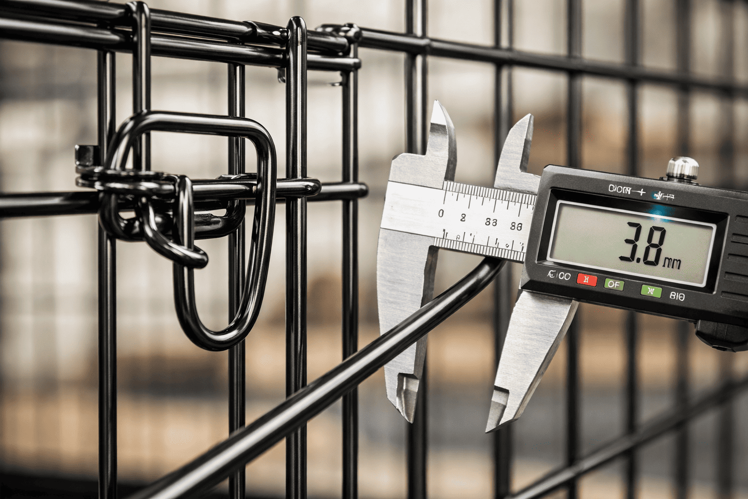 Detailed technical drawing of a wire dog crate next to a physical sample