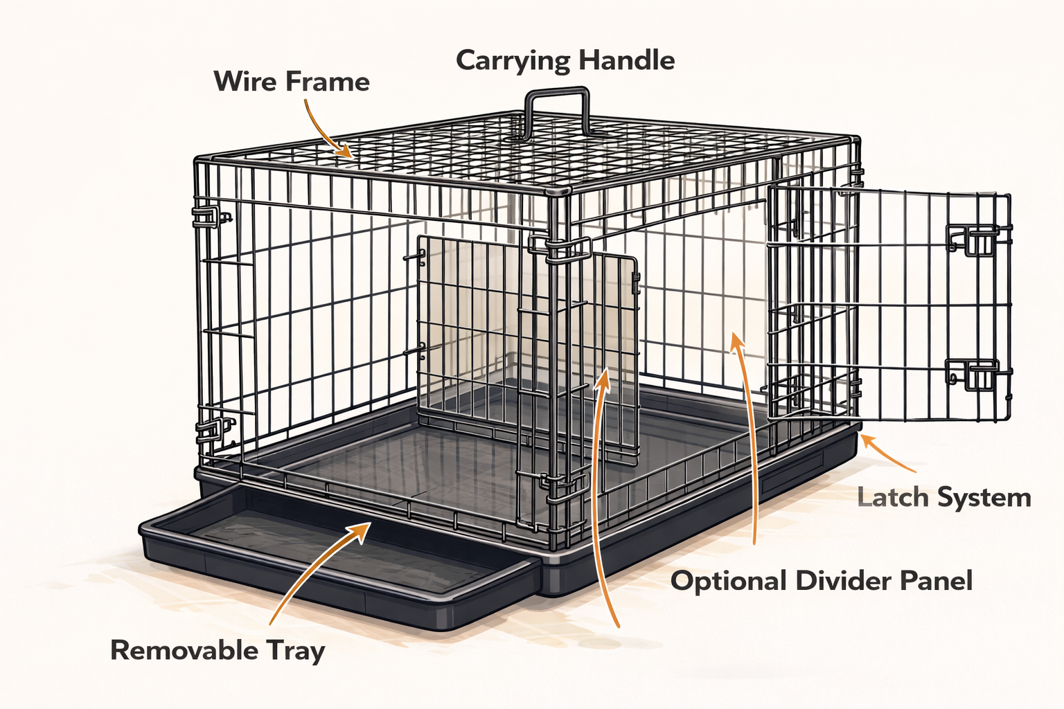 Detailed cutaway diagram of a traditional wire dog crate showing all components labeled: wire frame, carrying handle, removable tray, latch system, and optional divider panel