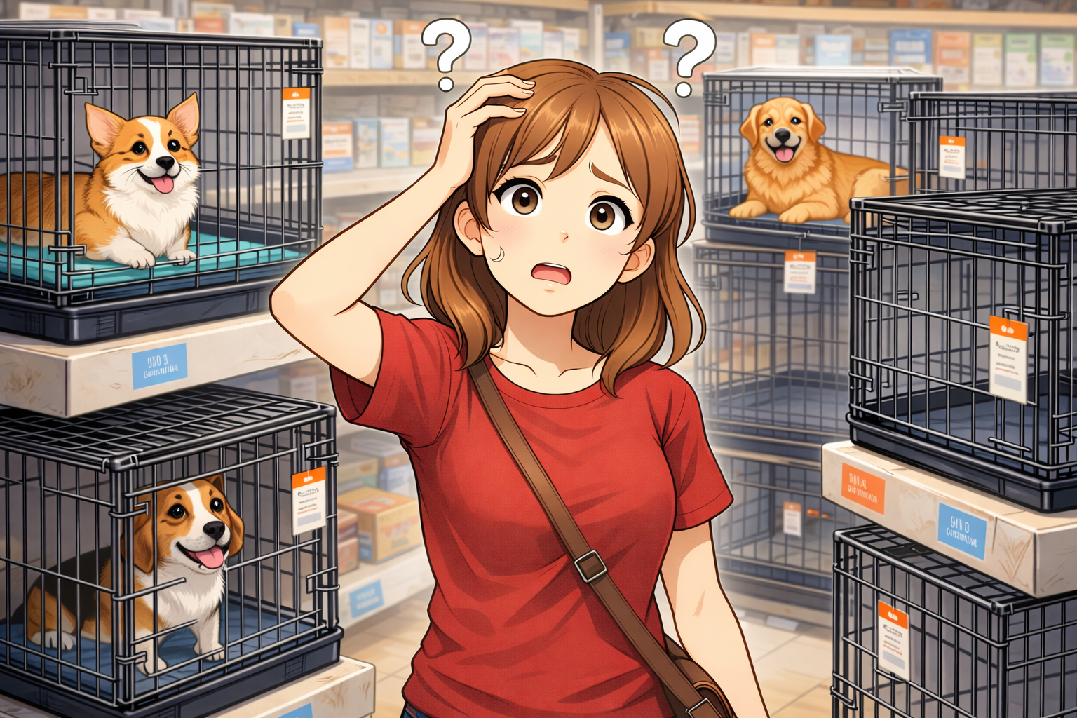 Frustrated dog owner looking at various crate options in a pet store, showing confusion and overwhelm with too many choices