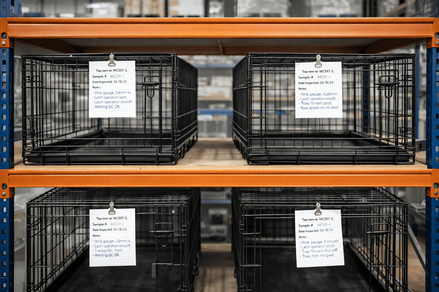 Organized warehouse with successfully vetted wire dog crate samples ready for production