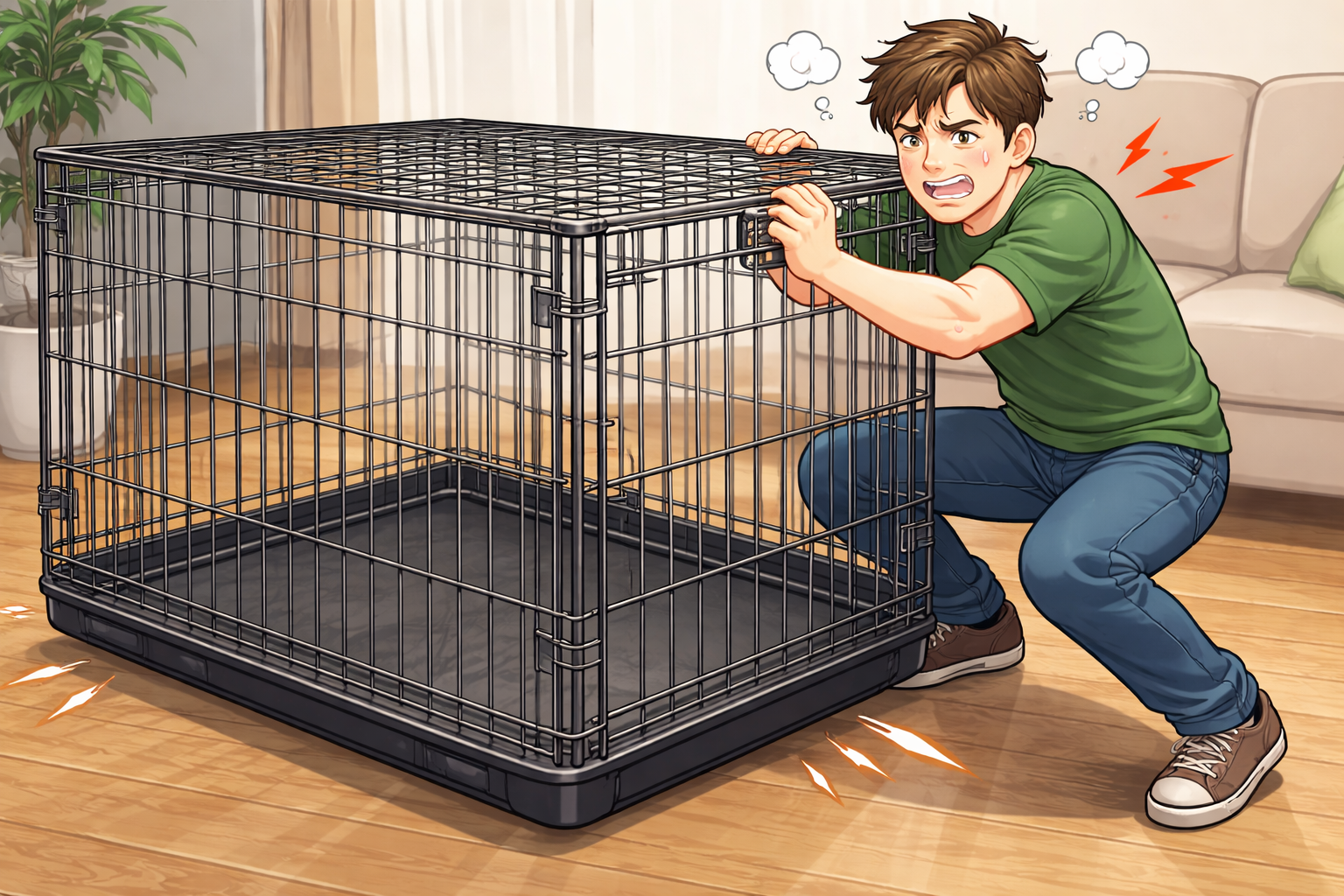 Person struggling to lift an extremely heavy metal dog crate showing the impracticality of oversized solutions