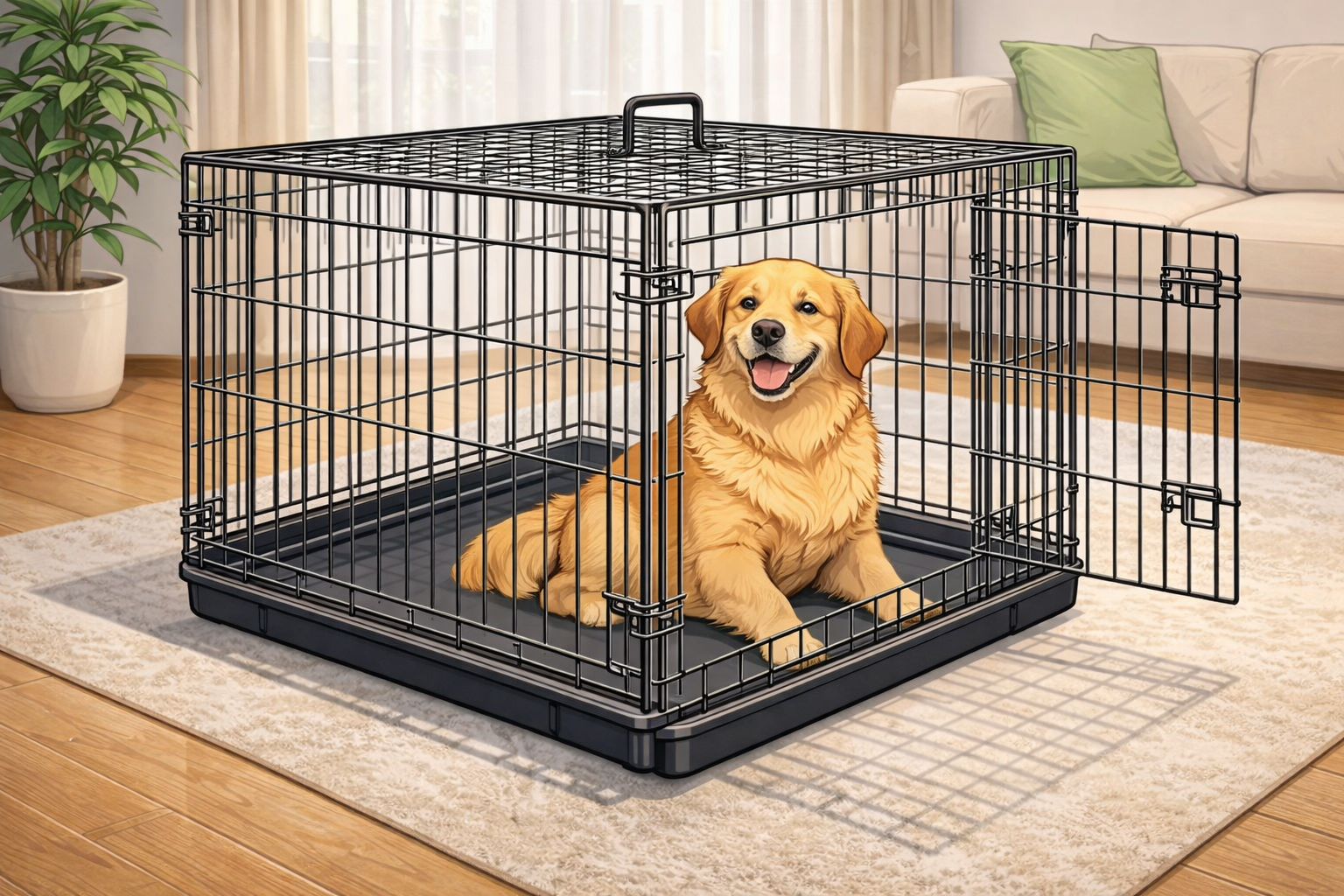 Premium traditional wire dog crate in a modern living room setting, showing a happy golden retriever inside with excellent visibility and airflow, demonstrating the perfect integration of functionality and home aesthetics