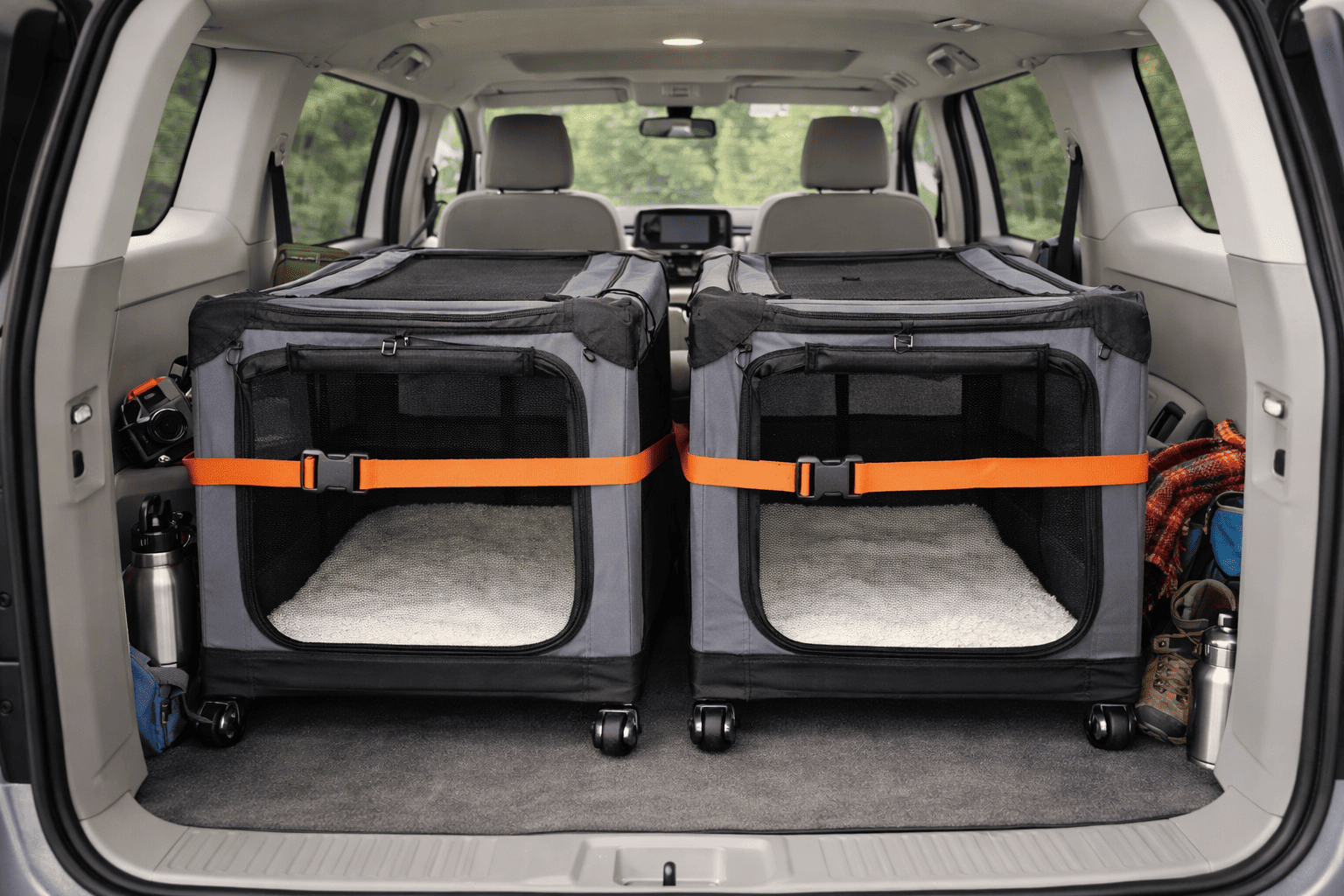 Two rolling crates neatly stored in the back of an SUV