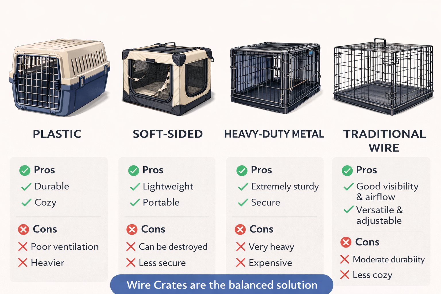 Side-by-side comparison showing four different crate types (plastic, soft-sided, heavy-duty metal, and traditional wire) with pros and cons listed below each, highlighting wire crates as the balanced solution