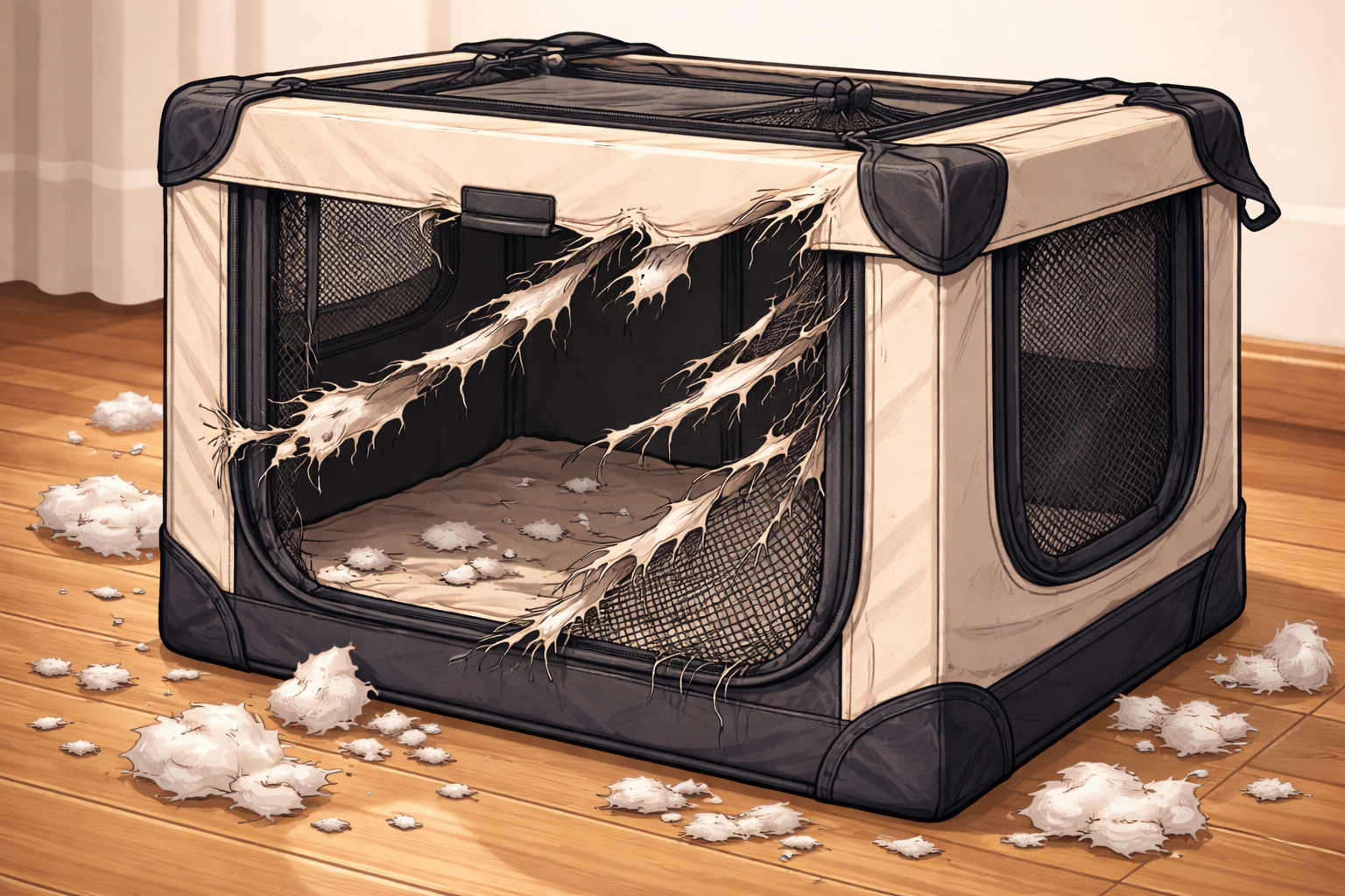 Torn soft-sided crate with fabric shredded by dog claws, showing the lack of durability and security
