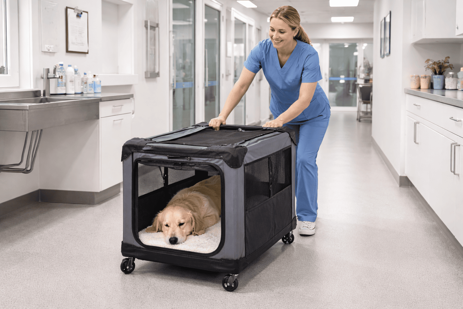 A rolling crate being used smoothly in a veterinary hospital corridor