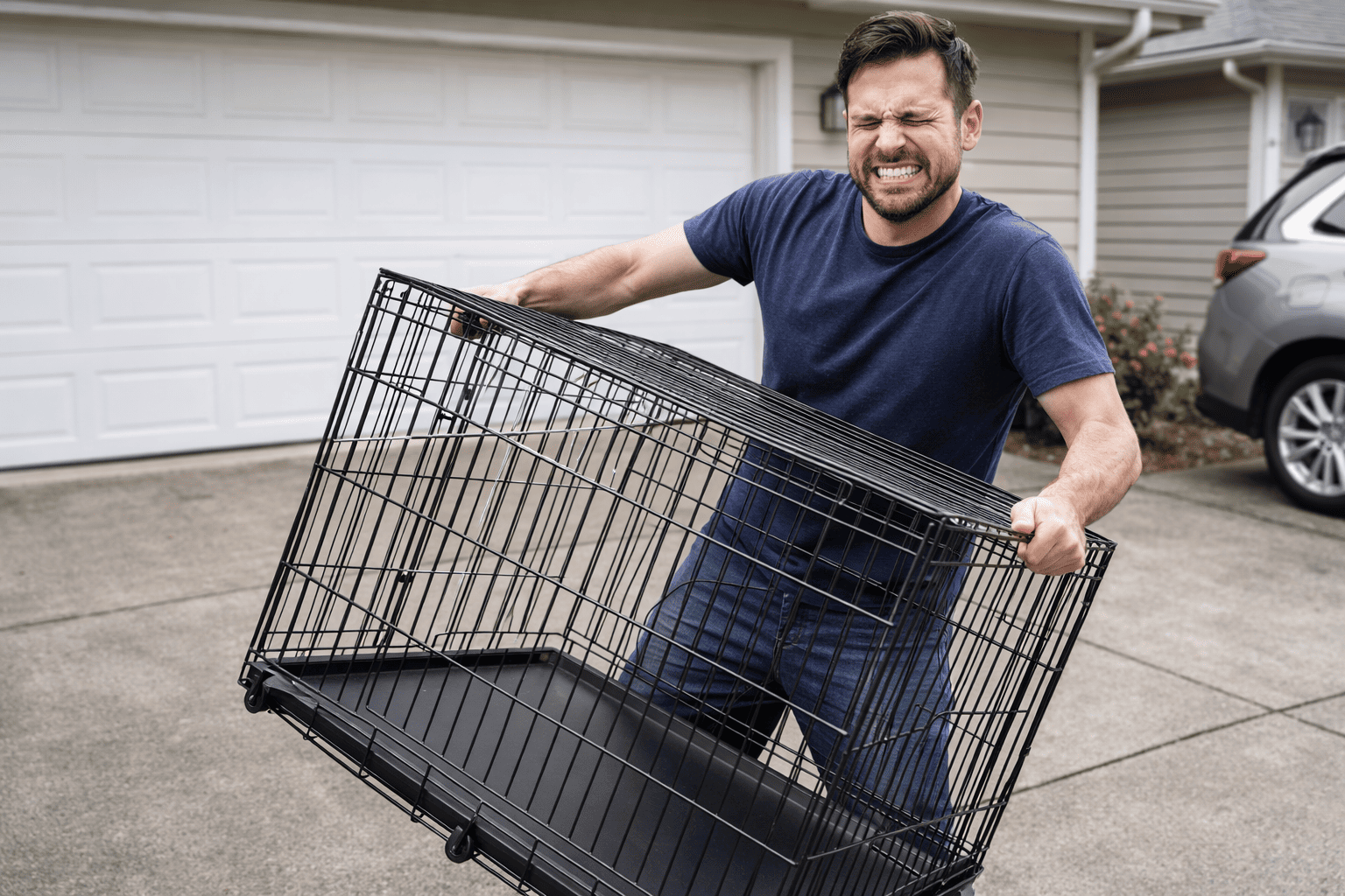 A person struggling to carry a large wire dog crate towards a car
