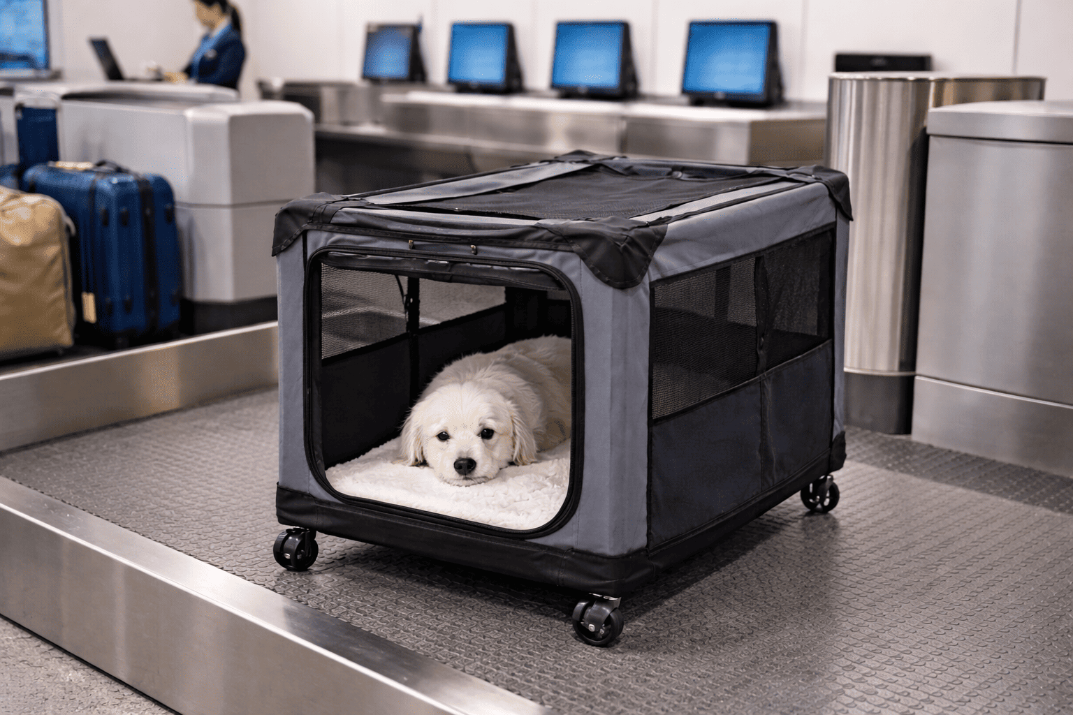 A sleek rolling crate in use at an airport check-in counter