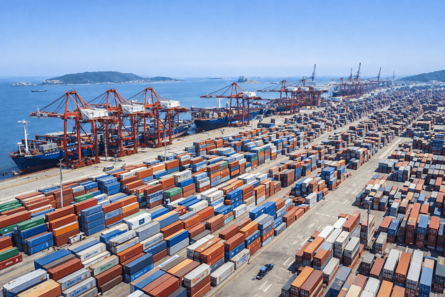Aerial view of Ningbo Port showing shipping containers