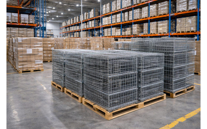 warehouse inventory management with stacked wire dog crates
