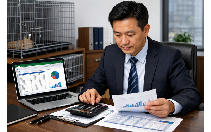 business person calculating MOQ costs and analyzing financial spreadsheets