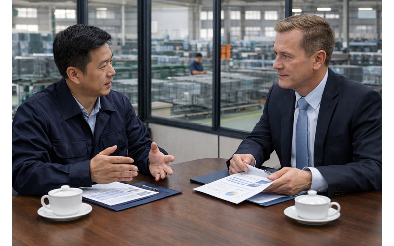 business negotiation meeting in Chinese wire dog cage factory