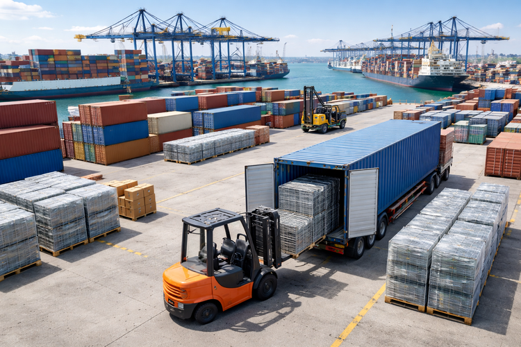 shipping container loading wire dog crates at port facility