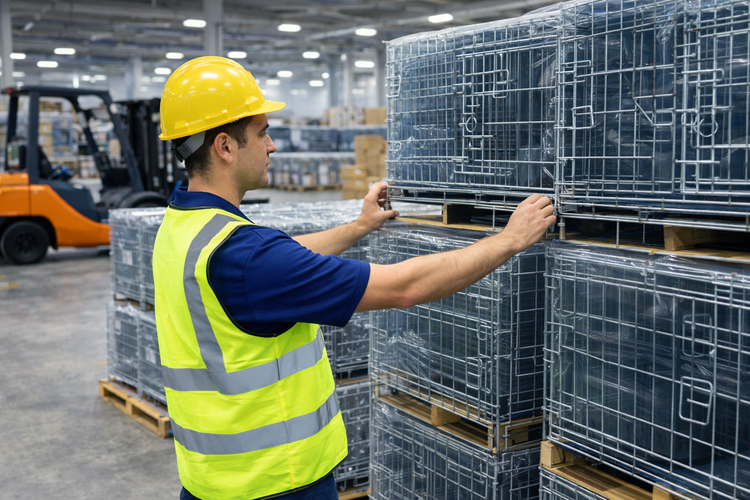 warehouse worker organizing stacked wire dog crates