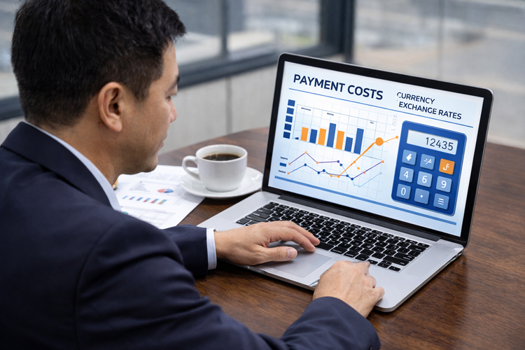 business person calculating payment costs and currency exchange on laptop