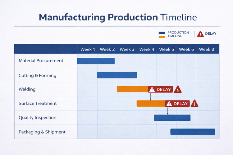 production timeline chart showing delays in manufacturing schedule