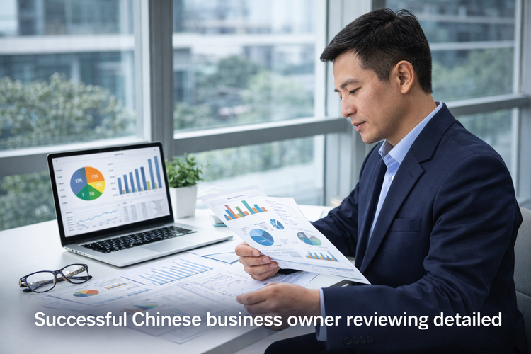 successful business owner reviewing cost reports in modern office