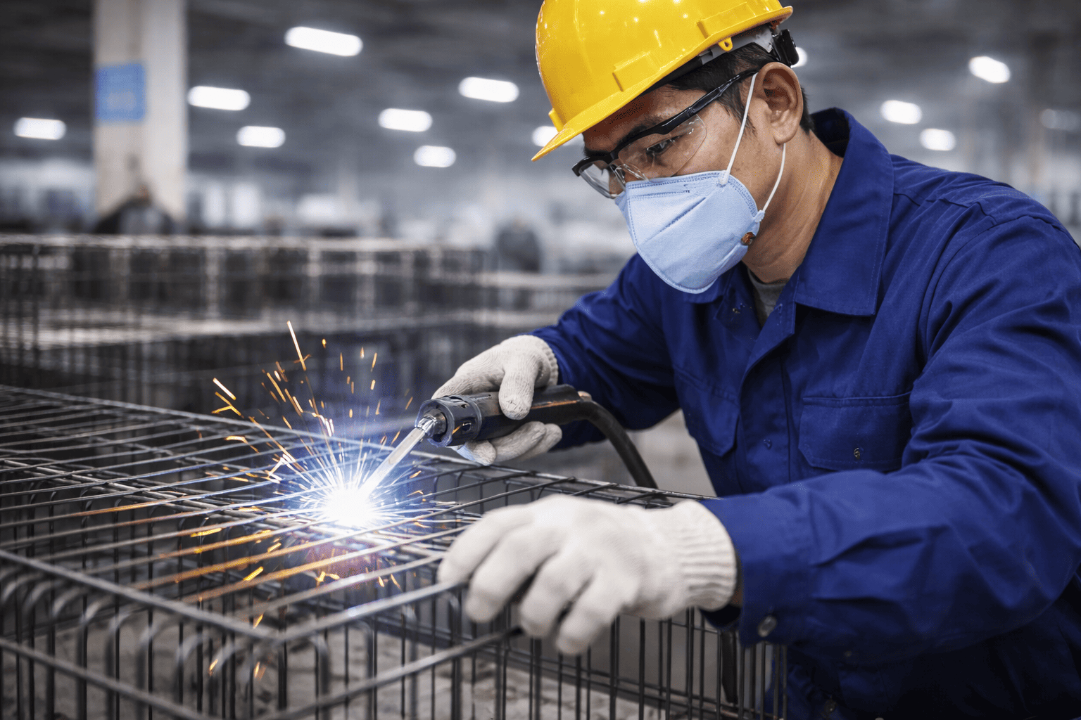 manufacturing worker welding wire dog cage in factory