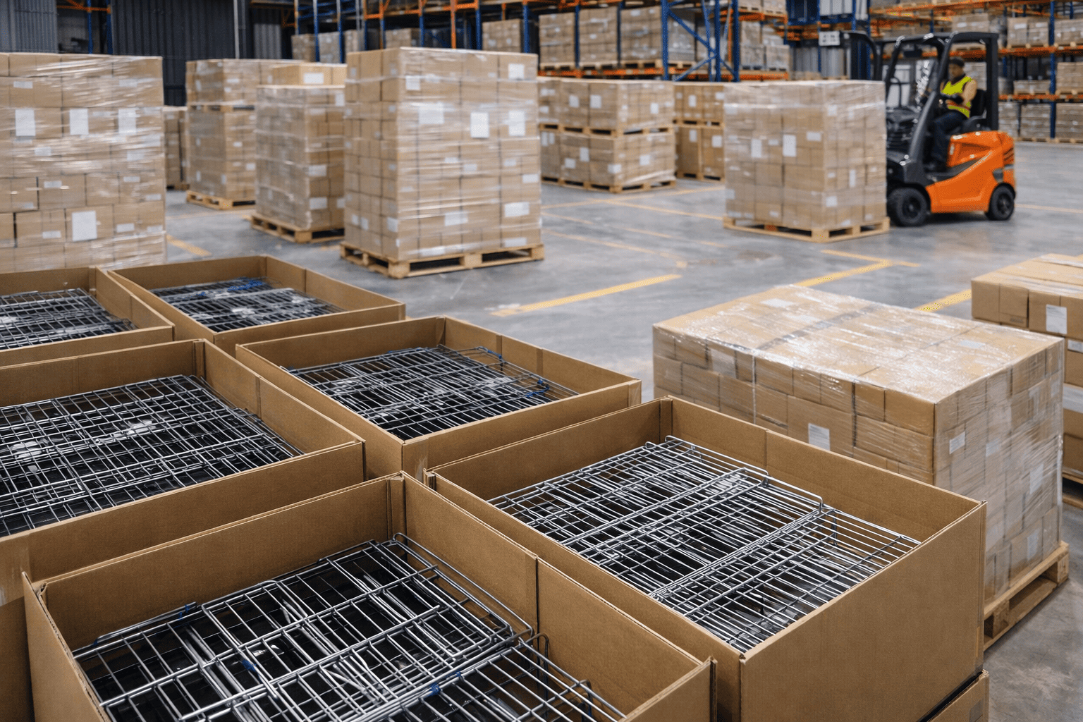 folded wire dog cages in packaging for shipping