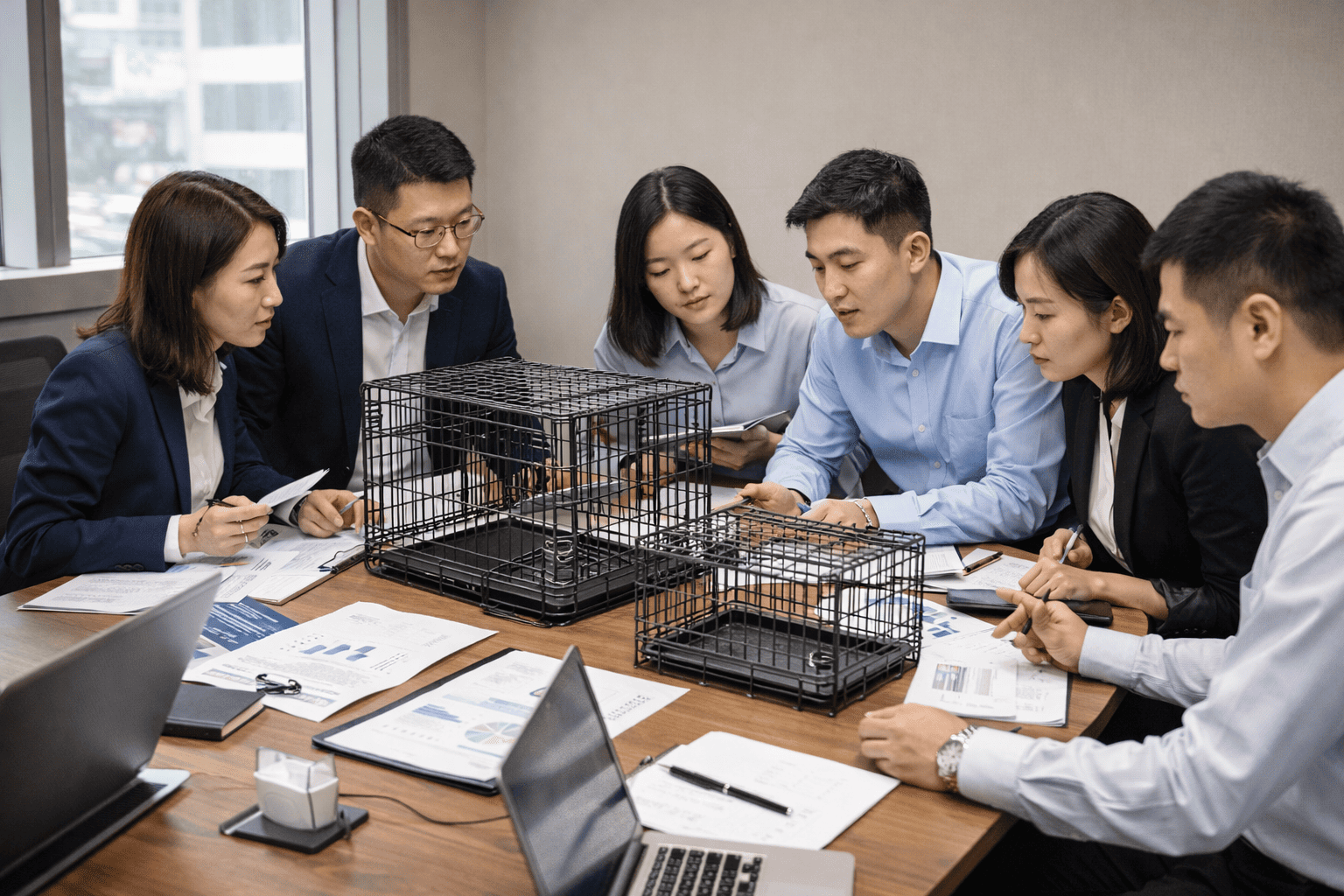 Business team reviewing wire dog cage samples