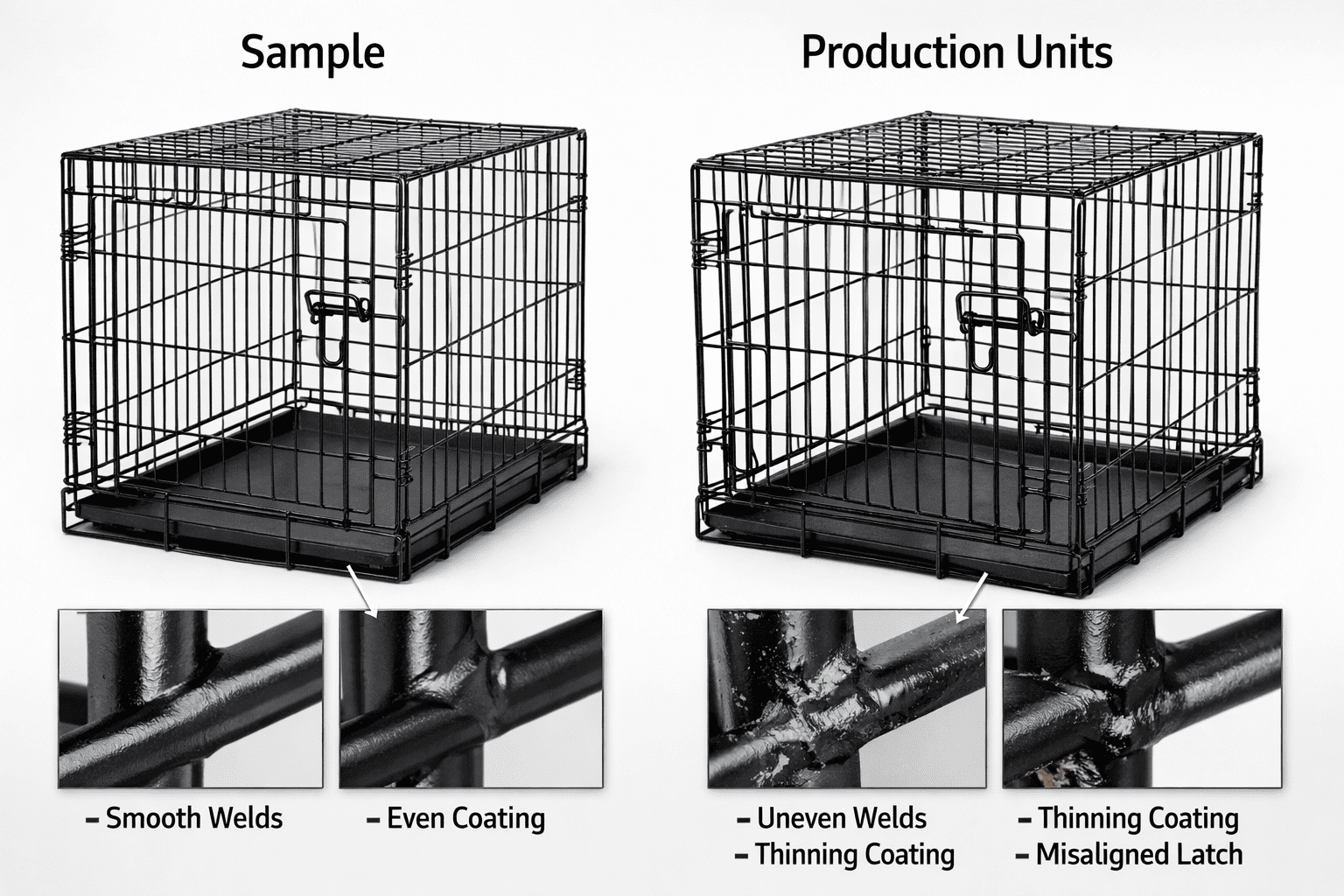wire dog cage sample vs production quality comparison