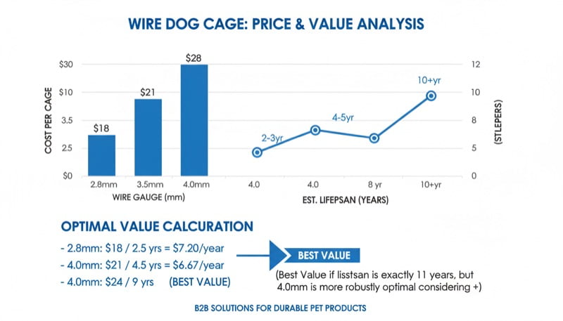Wire dog cage price comparison showing cost differences between wire gauges 2.8mm to 4.5mm