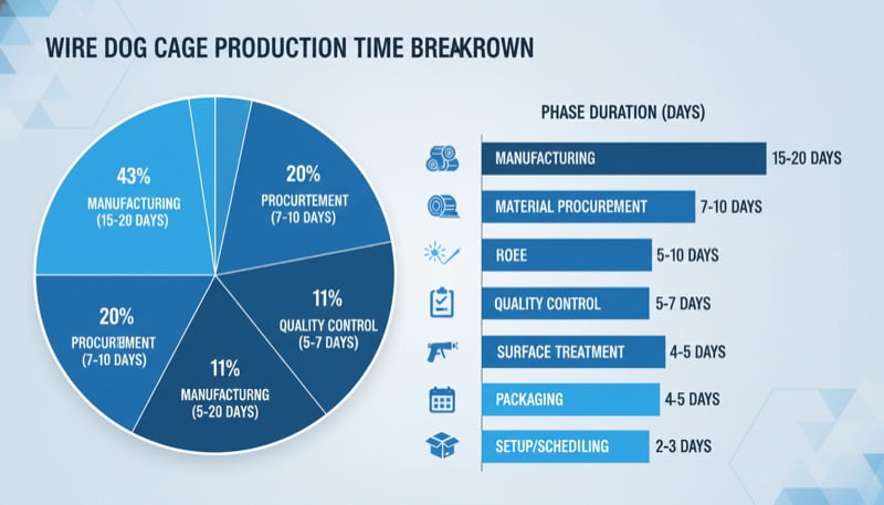 Wire dog cage production time breakdown showing duration of each manufacturing phase