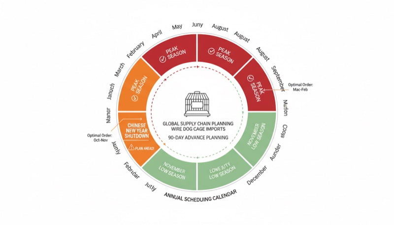 Seasonal order planning calendar for wire dog cage imports showing optimal ordering windows