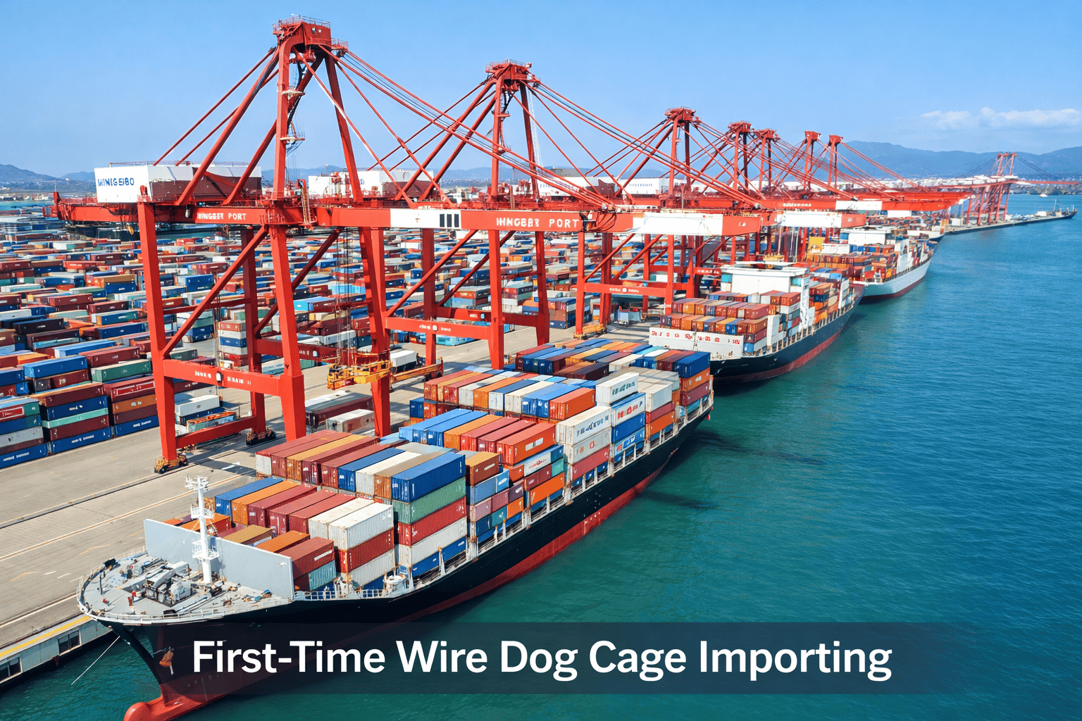 shipping containers being loaded at Chinese port for wire dog cage export