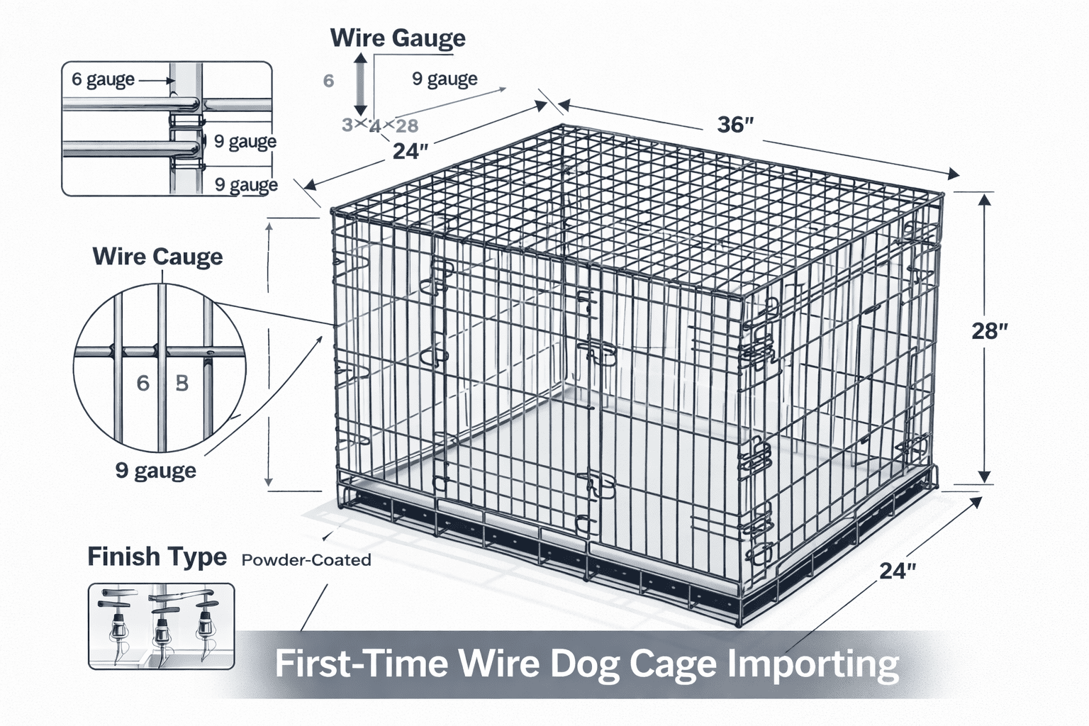 product specification sheet showing wire dog cage dimensions and measurements