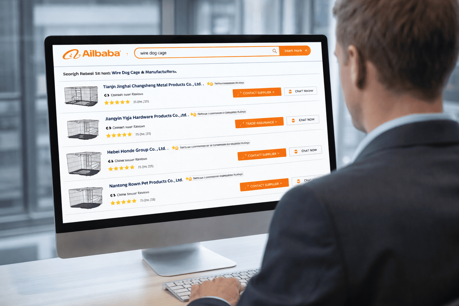 search results showing wire dog cage manufacturers on Alibaba platform