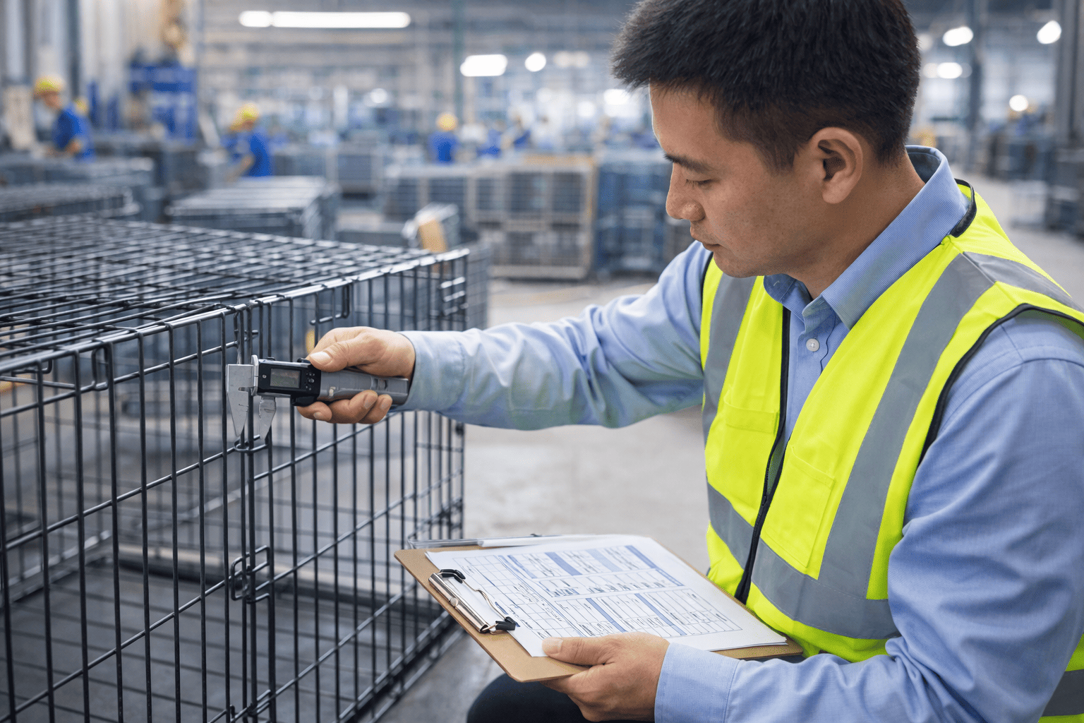 quality inspector examining wire dog cage sample on factory floor