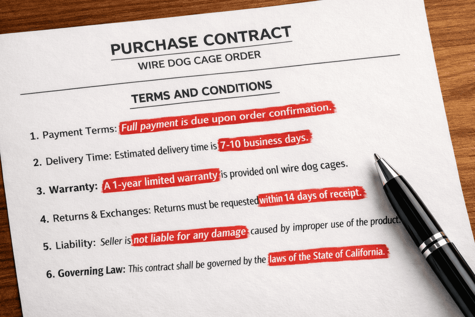 purchase contract document for wire dog cage order with terms and conditions