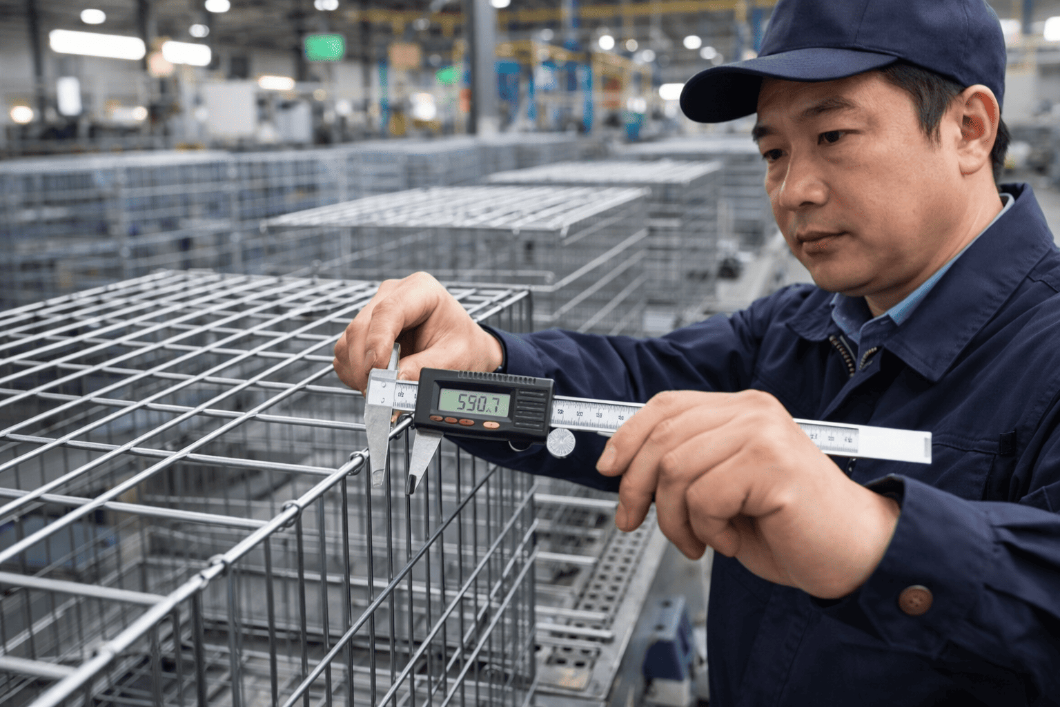 quality control inspector measuring wire dog cage dimensions on production line
