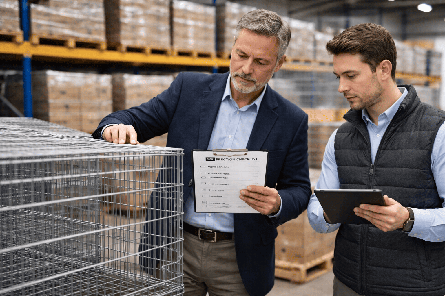 business owner evaluating wire dog crate quality in warehouse after delivery