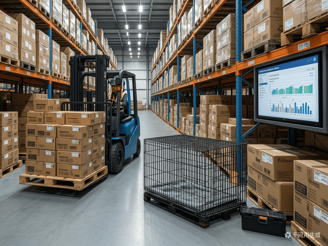 successful wire dog cage delivery stacked in warehouse ready for distribution