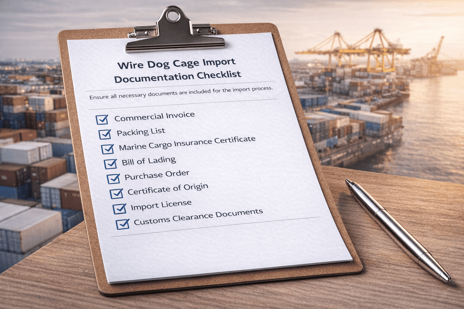 wire dog cage import documentation checklist spread on desk with shipping containers
