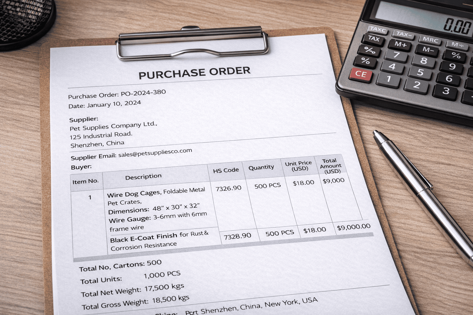 wire dog cage purchase order document with product specifications