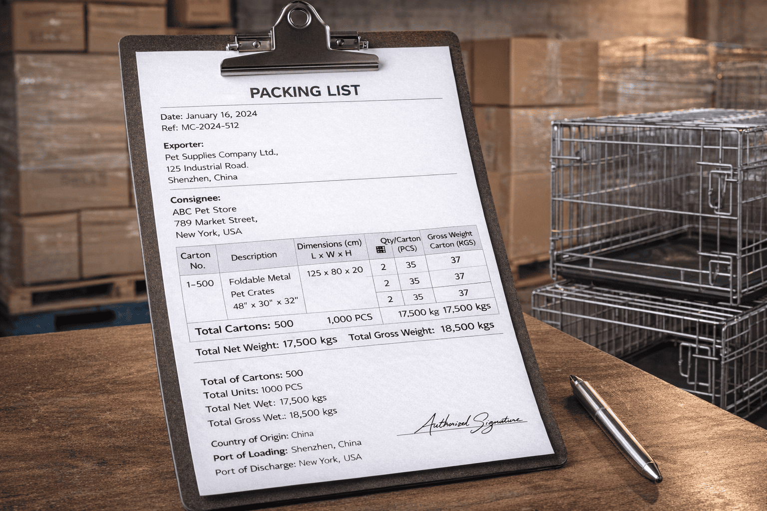 wire dog cage packing list showing carton contents