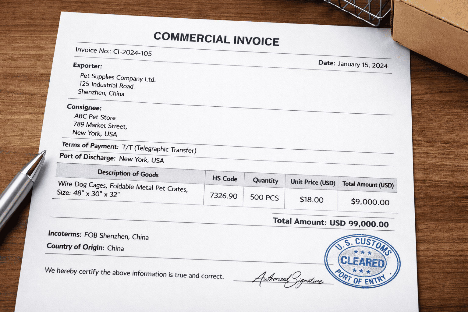 commercial invoice for wire dog cage import with HS code