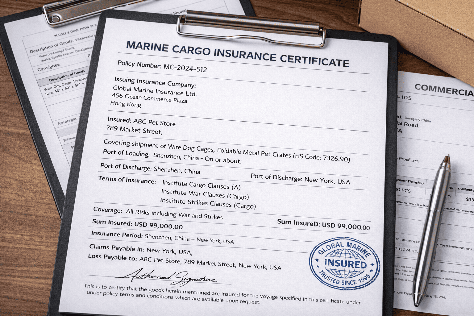 marine cargo insurance certificate for wire dog cage shipment