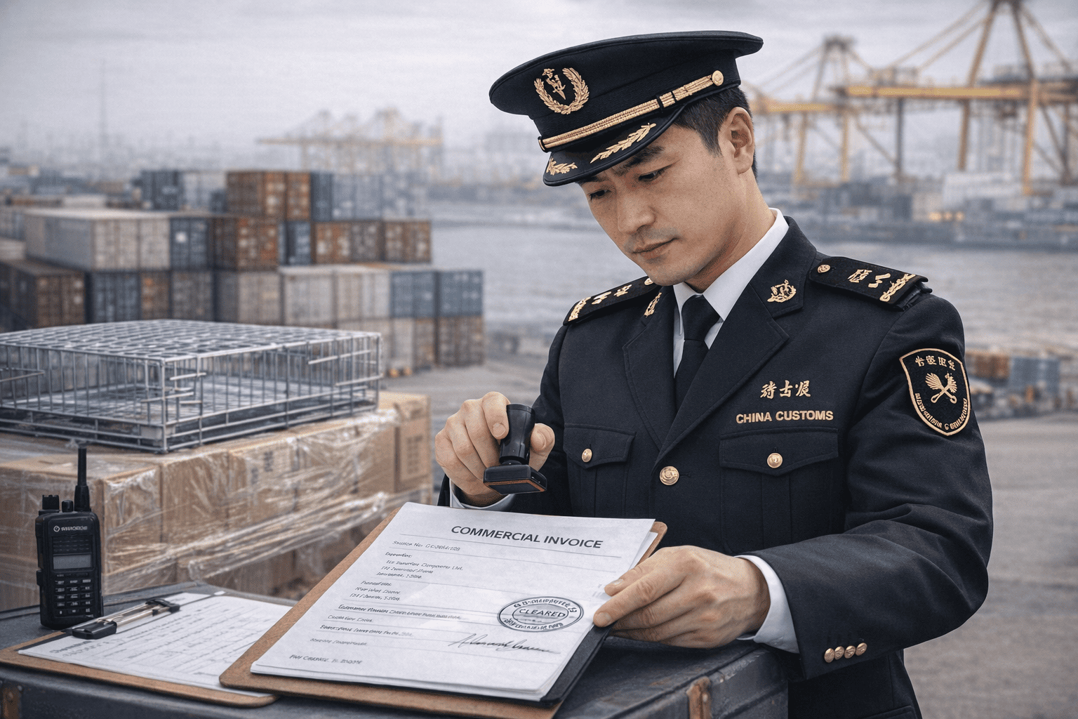 customs officer inspecting wire dog cage import documents at port