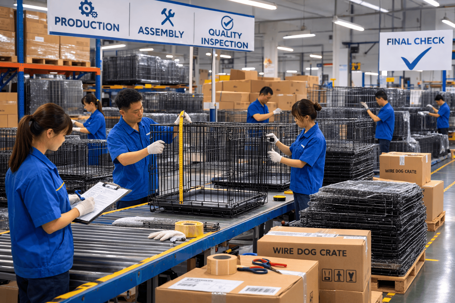 factory workers completing wire dog cage production quality inspection before shipping
