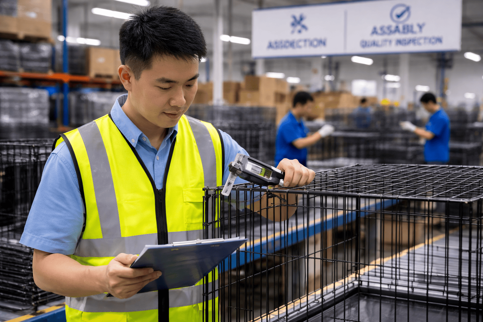 quality control inspector measuring wire dog cage dimensions with caliper in factory production area