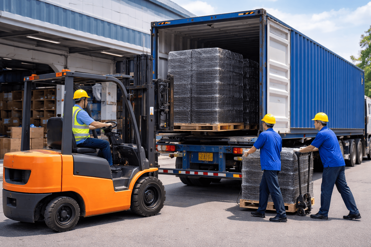 workers loading wire dog cage containers onto truck for transport to Chinese shipping port