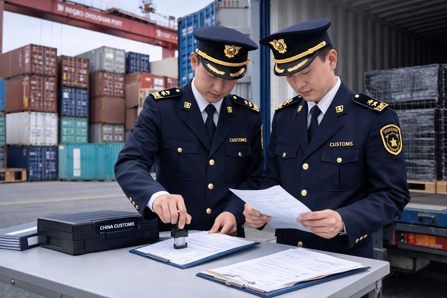 Chinese customs officials inspecting export documents and containers at Ningbo port facility